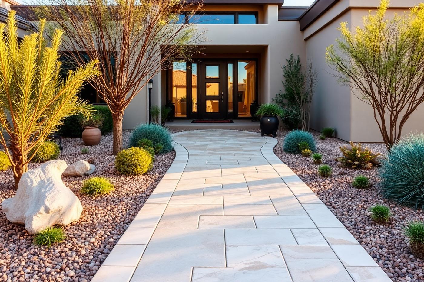 Paver walkway leading to a modern home entrance in Gilbert AZ